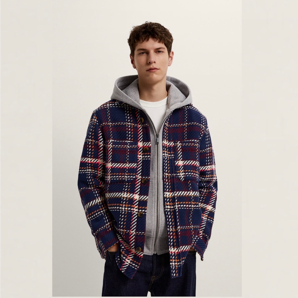 ZARA MAN NEON TRIM PLAID OVERSHIRT SIZE SMALL